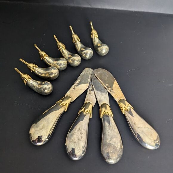 Vintage Silver and gold Egg plant knives and knife holder Joie de vivre - Picture 1 of 8